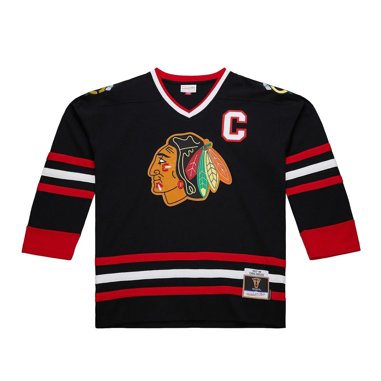 Mitchell & Ness Chris Chelios Chicago Blackhawks 1997-98 Black Power Play Hockey Player Jersey, Cotton Graphic Tees-Inspired Casual Wear Sports Top