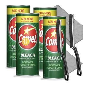 Cleaning Bundle: Comet Powder Cleanser with Bleach, 21 oz Bottles, 4 Pack + 2 Microfiber Cloths + 2 Narrow Brushes