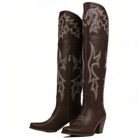 FEMFLAME Women's Knee-High Western Cowgirl Boots - Vintage Boho Embroidered, Pointed/Square Toe, Block Chunky Heel, Platform, Waterproof Faux Leather Footwear for Party, Concert, Modern Style