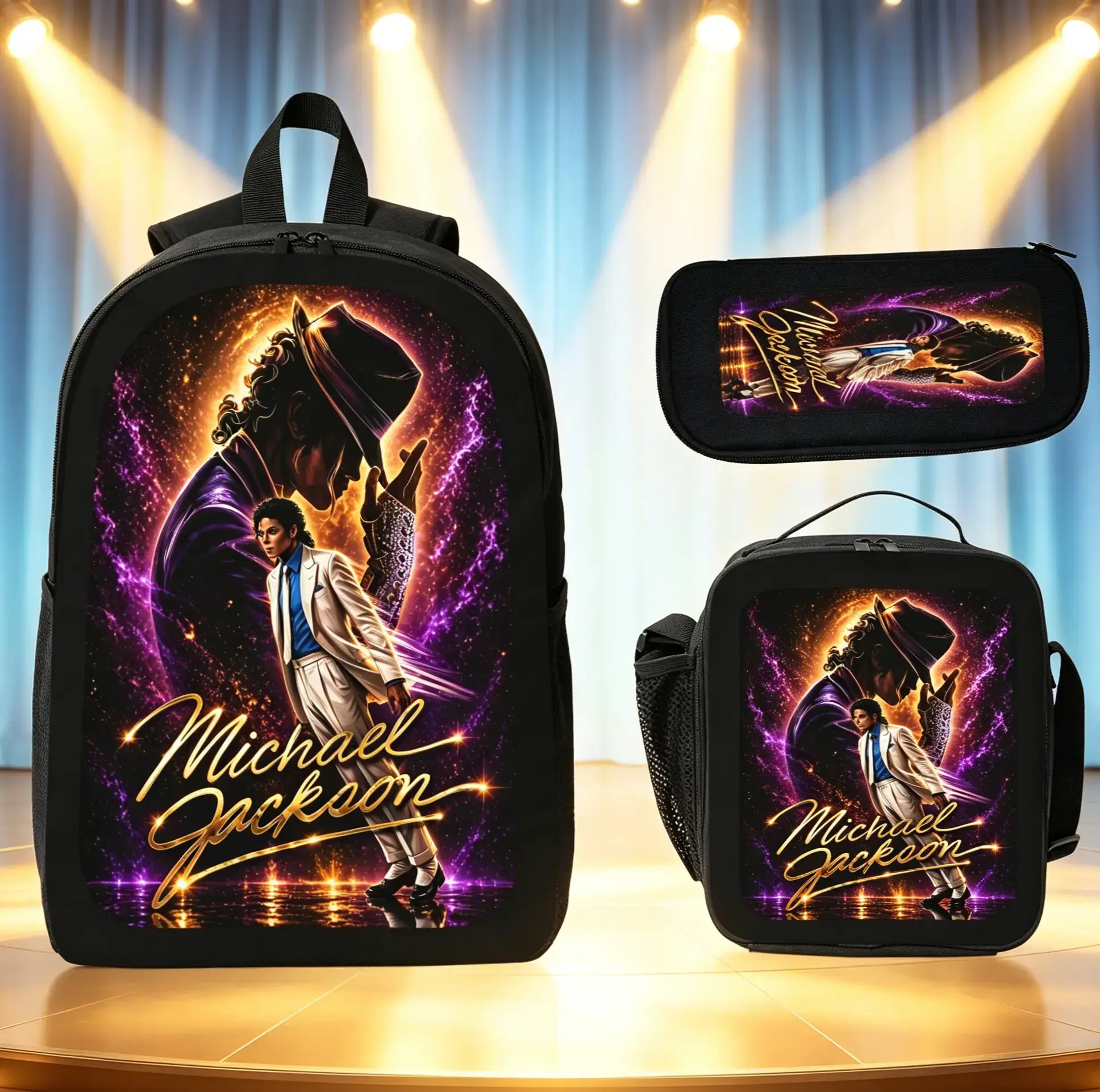 3-Piece Backpack Set, Michael Jackson Themed School Bookbag for Teen Music Fans with Lunch Bag & Pencil Case, Casual Travel Daypack