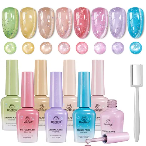 Beetles Cute Pastel Magnetic Shimmer Gel Nail Polish Set - 8 Spring Colors (Pink,Blue,Orange,Green,Yellow,Purple,Velvet) Soak-Off UV DIY Kit with Rich Pigment,Glossy Nails,Flawless Flexible Daily Wear,Spring Parties & Brunch Glow