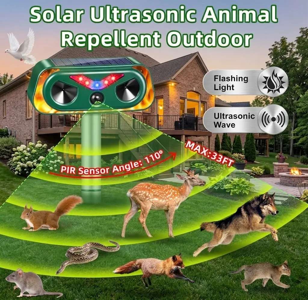 Solar Animal Repellent Outdoor Gadget - Ultrasonic Pest Deterrent with PIR Motion Sensor, Flashing LED Lights, Flame-Effect Lights, IP66 Weather Resistance, Dual Power Options, Easy to Install for Garden Deer    Raccoon Rabbit   Repellent for Outside home
