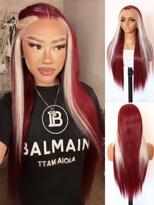 Burgundy With Blonde Highlights Lace Front Wig, Wine Red 13x4 Lace Front Wig,Heat-resistant Synthetic Fiber Wigs,Cosplay Halloween Party Use (28 Inch)