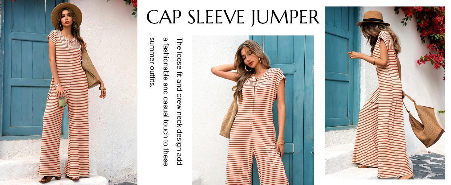 Imily Bela Womens Casual Striped Jumpsuits Summer Cap Sleeve Wide Leg Jumper Romper Button Down Travel Beach Outfits