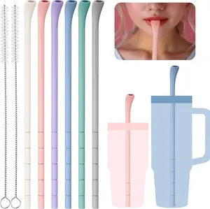 6PCS Silicone Anti-Wrinkle Straws for 40oz 30oz Stanley Tumblers w/Brushes, Customizable Length Wrinkle Free Straws for Various Size Cups, No Wrinkle Reusable Drinking Straws for Lip (Macaron)