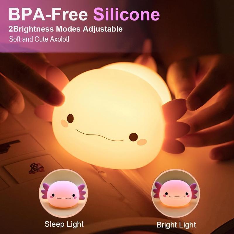 2025 Pink Axolotl Night Light - Squishy Silicone Animal Lamp, 2-Level Touch LED light for Kids Room & Dorm, Dimmable Warm White, USB Rechargeable, Eye Protection