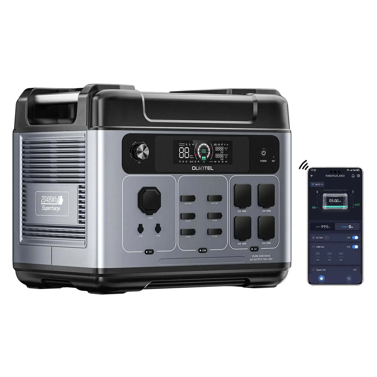 OUKITEL P2001 Plus 2400W Solar Generator, 2048Wh Solar power station(Solar Panel Optional), 1800W Fast Charging, Smart APP Control Emergency Power Station for Home, Camping, Outdoor Battery Backup