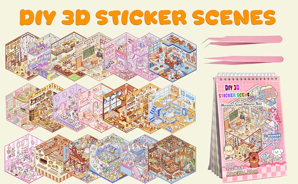 Miniature Scene Dly Sticker Book, 20 Sets DIY 3D Sticker Scene Sticker, Cute Cartoon Creative Sticker,  Make Your Own House Sticker for Scrapbooking & Journal Making