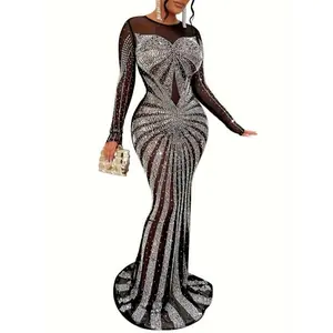 SpringTok Elegant Sheer Mesh Long Sleeve Maxi Dress with Rhinestone Detail, Bodycon Fit, Formal Polyester, Minimalist Design for Women Chic Collar Fabric Womenswear Comfort Workwear Multicolor Black Can be used with raincoat