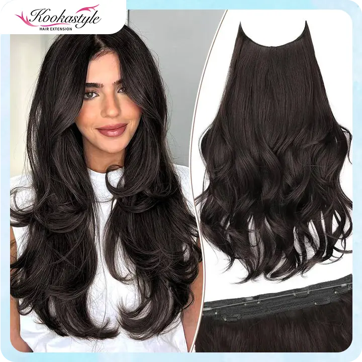 [ kookastyle ] 20inch Invisible Wire Synthetic Hair Extensions 20‘’ Long Wavy Layered Synthetic Clip in Hair Extensions with Transparent Wire Adjustable Size 6 Secure Clips Dark Brown Thick Hairpieces for Women 20 Inch