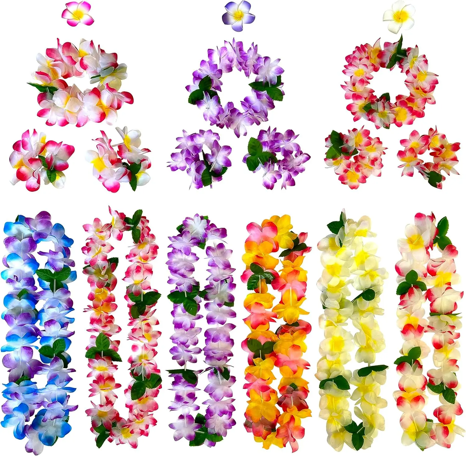 Unisex Multi-Colors 18-Count Handmade Synthetic Flower Tropical Hawaiian Leis Set - Polyester Necklaces (6 Pcs), 3 Hair Clips, 3 Headbands, Wristbands, Comfortable All Ages Accessories for Luau Party, Beach Decor