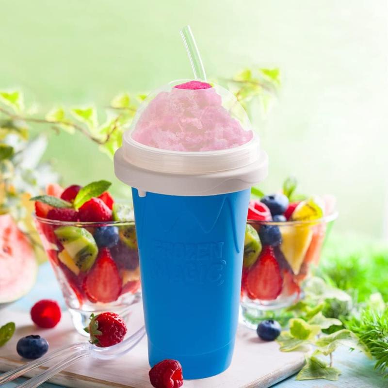 AIT Corp Slushy Maker,Frozen Magic Cup, Double Layers Silica Smoothie Pinch Ice Cooling Homemade Milk Shake Ice Cream ,blue Kitchen Silicone Spoon Utensils Mug