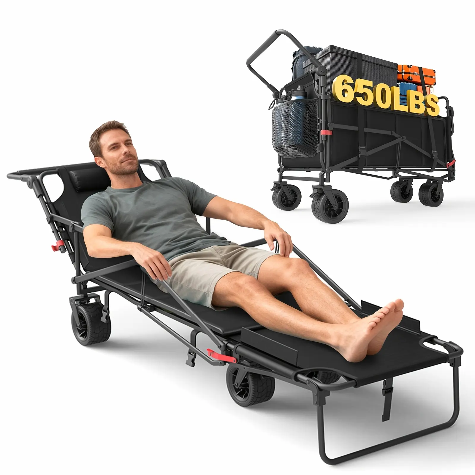 LEVELEVE Heavy Duty Folding Wagon-2-in-1 Collapsible Cart 400lb, 650lb Capacity All-Terrain Wheels W/Brakes And ASide Pockets