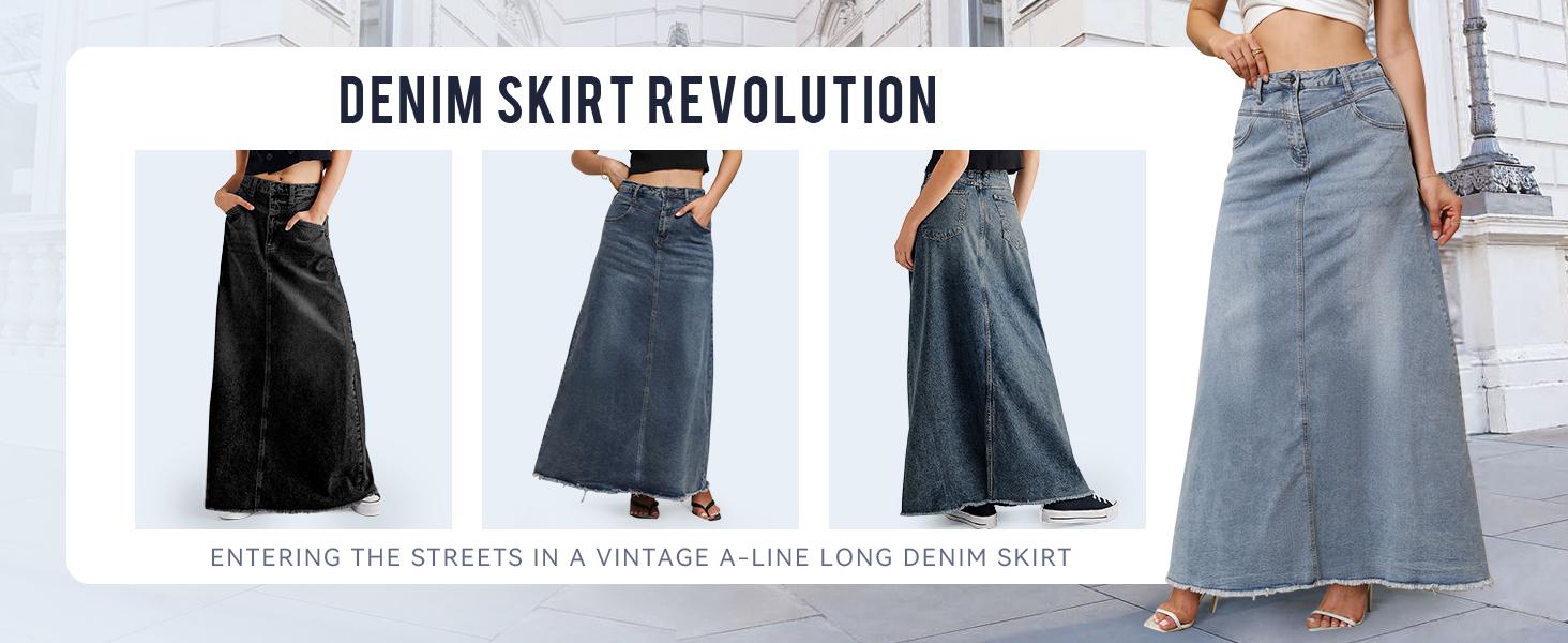 Chouyatou Women's Retro High-Waisted Denim Maxi Skirt A-Line Raw-Hem Denim Skirt with Pockets