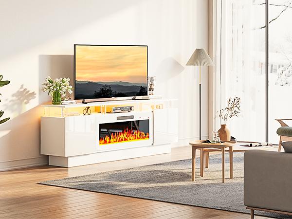 PUKAMI 70" Modern Fireplace TV Stand with 36" Electric Fireplace for TVs Up to 80 inch, Luxury LED Light Entertainment Center with High Gloss Cabinet (White, 70" (8 Acrylic Posts))