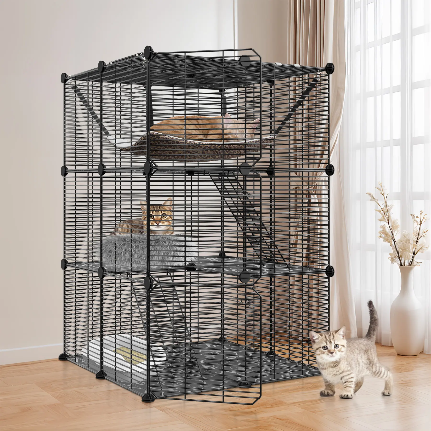 Pet Republic 3-Tier DIY Wire Metal Kennel Carrier - 27.9x27.9x41.6 Inches, Metal Frame, Secure Hook-Top Stair, Hammock, Skylight Top, 22lb-26.8lbs Capacity, Enclosed Indoor-Outdoor Playpen for 1-2 Cats/Small Animals (DIY Kit Included), Living Rooms, Bedro