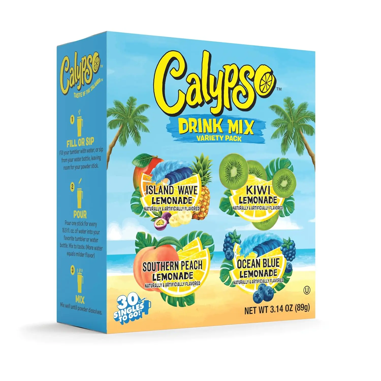 Singles To Go! Calypso Powdered Lemonade Mix Variety Pack - 30 Ct Single Serve Beverage Box, Low Calorie Low Sodium Water Enhancer with Island Wave, Kiwi, Southern Peach, Ocean Blue Flavors