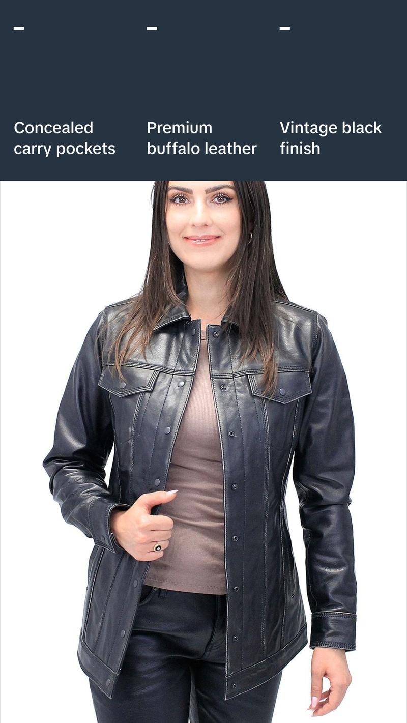 JAMIN LEATHER® Vintage Black Women's Long Leather Jean Jacket #LA2010LZK - Premium Soft Buffalo Leather, Dual Concealed Pockets, Snap Front, Minimalist Design, Available in Sizes S-5X