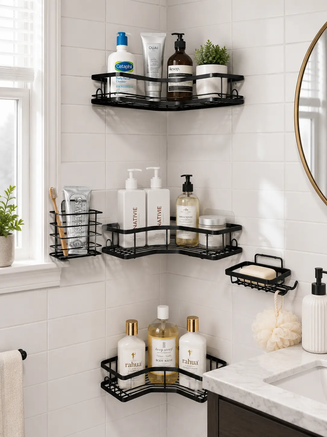 【Back to School】5-Piece Minimalist Hollow Round Pink Shower Caddy Set - No Drill Self-Adhesive Sticky Hook, Rustproof Waterproof Stainless Steel Wall Mounted Bathroom Organizer, Shampoo Soap Toothbrush Holder, Dorm Essential Apartment Gift Bath Decor, Wat