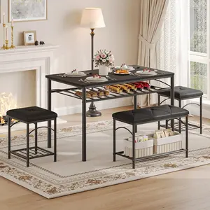 Dining Table Set for 4, Particle Board Construction with Upholstered Bench and 2 Stools, Soft Backless Seating Design, Perfect for Small Spaces and Compact Kitchens