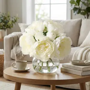GAOMON White Artificial Peonies with Vase, Silk Peony Flower Arrangement with Faux Water, Fake Peonies Bouquet for Table Centerpiece, Wedding Decor, Home Living Room Decoration
