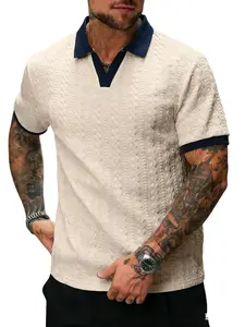 Men’s contrast-color short-sleeve casual commuter polo shirt Men’s knit polo shirt Cream-colored men’s polo shirt Men’s V-neck knit sweater Men’s short-sleeve knit polo shirt Men’s textured polo shirt Retro-style men’s polo shirt