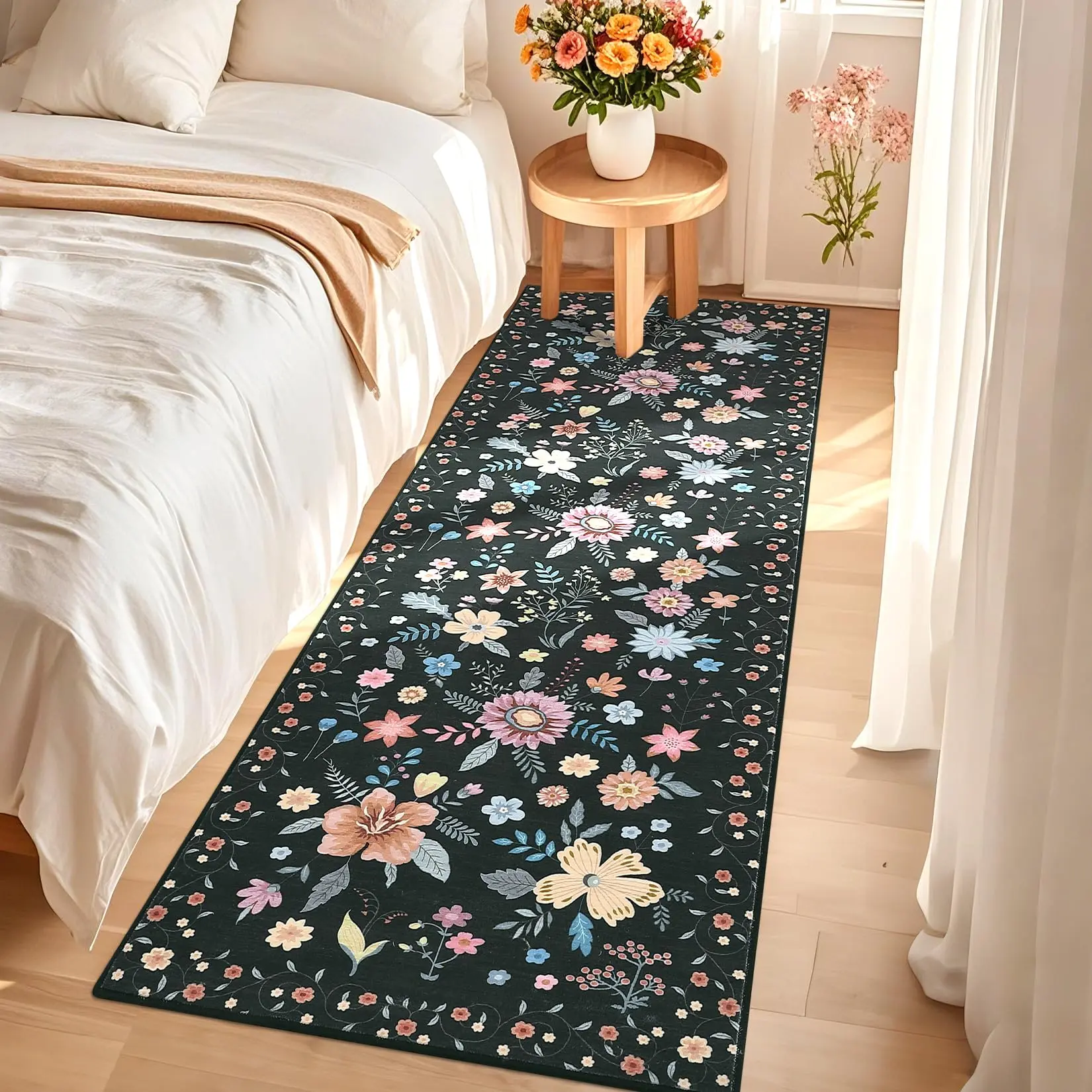 Garvee Runner Rug 2x6 Kitchen Runner Floral Rug Runners for Hallway Bedroom, Soft Ultra-Thin Indoor Low Pile Flower Carpet with Non Slip Backing, Black