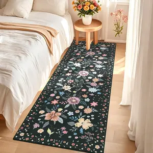 Garvee Runner Rug 2x6 Kitchen Runner Floral Rug Runners for Hallway Bedroom, Soft Ultra-Thin Indoor Low Pile Flower Carpet with Non Slip Backing, Black