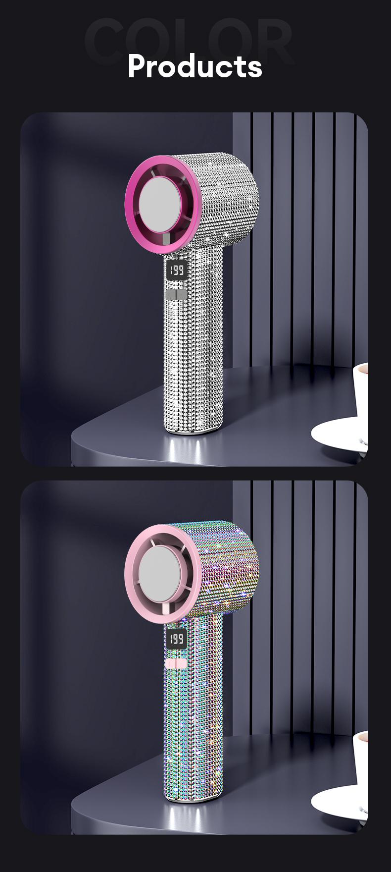 PAXA M15 Full Diamond Luxury Craftsmanship Portable Handheld Turbo Fan, 3 Gear Wind, Rechargeable Long Battery Life Hand Fan With Digital Display For Outdoor Activities, Travel, Office, Wonmen's gift