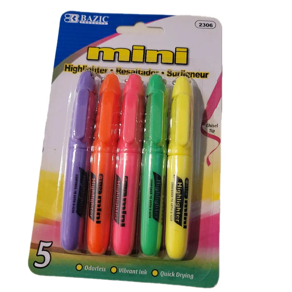Bazic 2306 Model Compact Mini Highlighter Pack of 5, Ink-Based, Odorless, Vibrant Bright Colors, Quick-Drying Marker for Teachers, Office Presentation Supplies, Highlighting Tool, Compact Pack