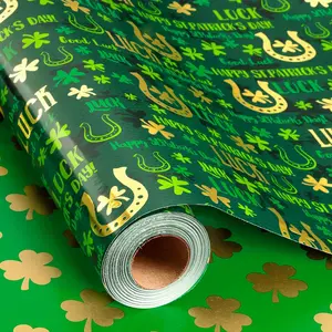 Green St. Patricks Day Wrapping Paper Roll, Gold Horseshoes and Shamrock Reversible Lucky Gift Wrapping Paper for St. Patrick's Day, Birthday, Spring Party, Baby Shower, Holiday, Celebration (17 Inch X 33 Feet)