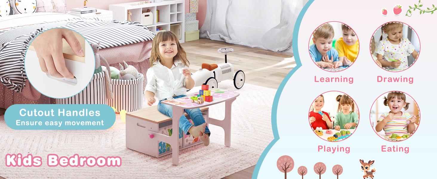 Costzon 3-in-1 Convertible Wooden Toy Storage Bench with Handle, 2 Bins for Kids Reading Nook, Toddler Table and Chair Set for Daycare Playroom Classroom,Christmas Festival Gift Black Friday Cyber Monday