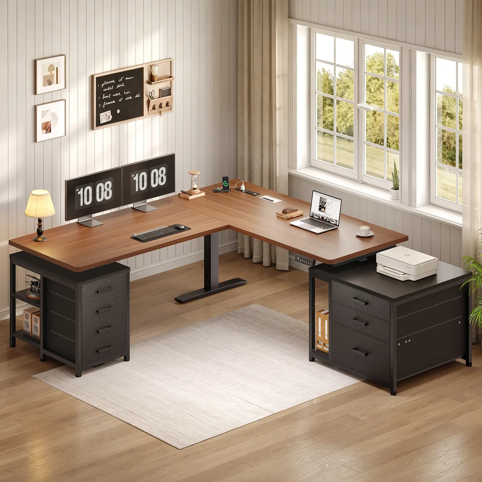 SEDETA L Shaped Electric Standing Desk with 7 Drawers, 63"×55.1" Height Adjustable Stand Up Desk with Power Outlets, 28.3"-47.2" Sit Stand Desk with Storage Shelves, 3 Memory Presets