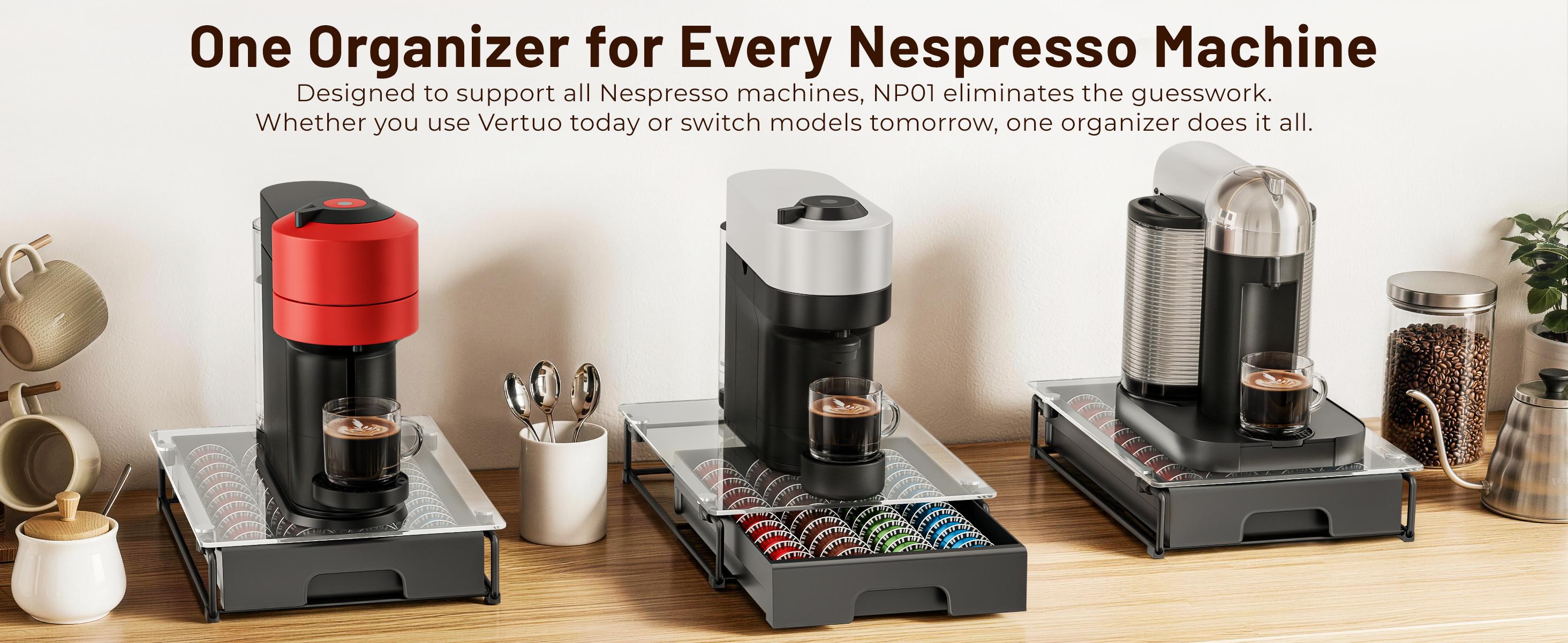 EVERIE Crystal Clear Tempered Glass Coffee Pod Drawer Durable Metal Frame Slide-out Organizer Holder Box Compatible With Nespresso Vertuo Capsules Holds 40 7.77 floz / 52 1.35 floz for Coffee Bar & Kitchen Countertop