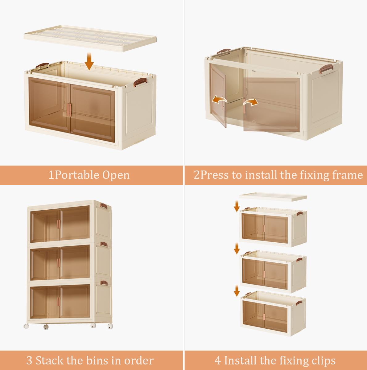 Stackable and foldable plastic storage boxes | Available in various capacities, multi-layered design, with doors, locks, and wheels | Lightweight and practical | Suitable for storage and organization in living rooms, kitchens, and bedrooms.