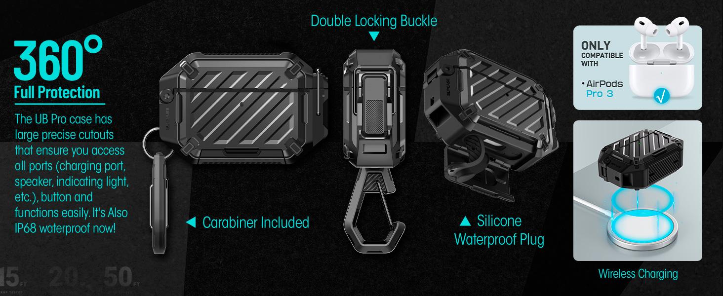 SUPCASE AirPods Pro 3 Case with Lock & Carabiner, IP68 Waterproof, Military-Grade Protection, Anti-Scratch Hard Shell Cover, Supports Wireless Charging
