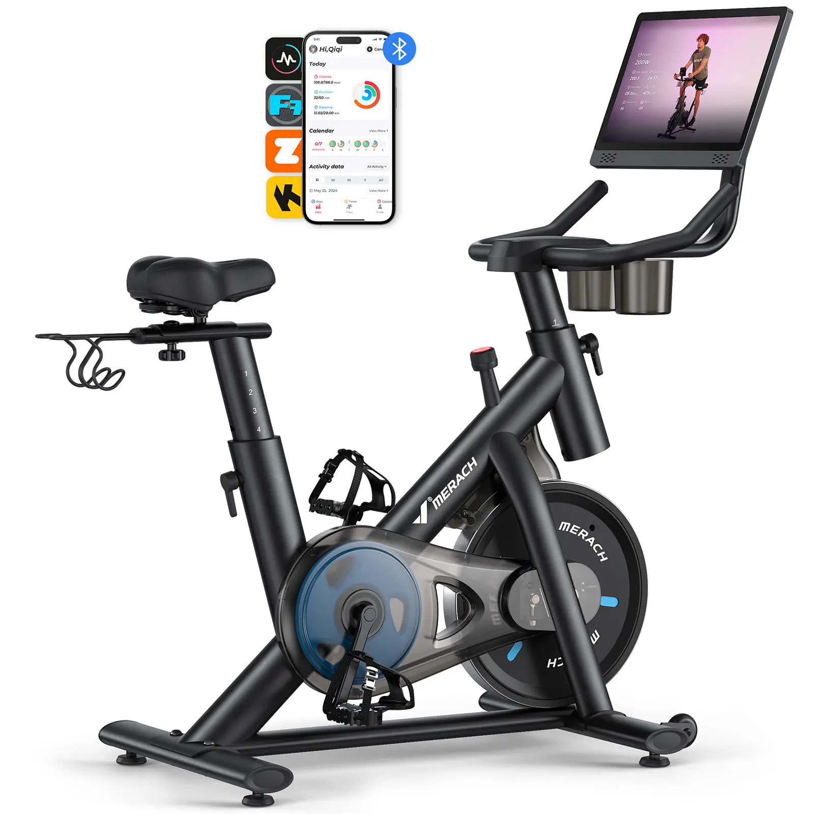 Merach Exercise Bike Magnetic Resistance Stationary Bike with Screen 300lbs Indoor Cycling Bike with Exclusive App Comfortable Bike Seat Tablet Mount and Fitness Courses BackToSchool