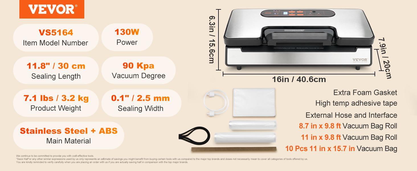 VEVOR Vacuum Sealer Machine, TikTokShopBlackFriday, 90Kpa 130W Powerful Dual Pump and Dual Sealing, Dry and Moist Food Storage, Automatic and Manual Air Sealing System with Built-in Cutter, with Seal Bag and External Hose
