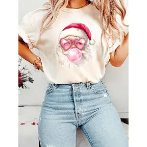 Santa Claus Bubble Gum Graphic Print T Shirt For Women 2024 Summer Casual Short Sleeve Round Neck Tee Holiday Themed Outfit In Breathable Fabric