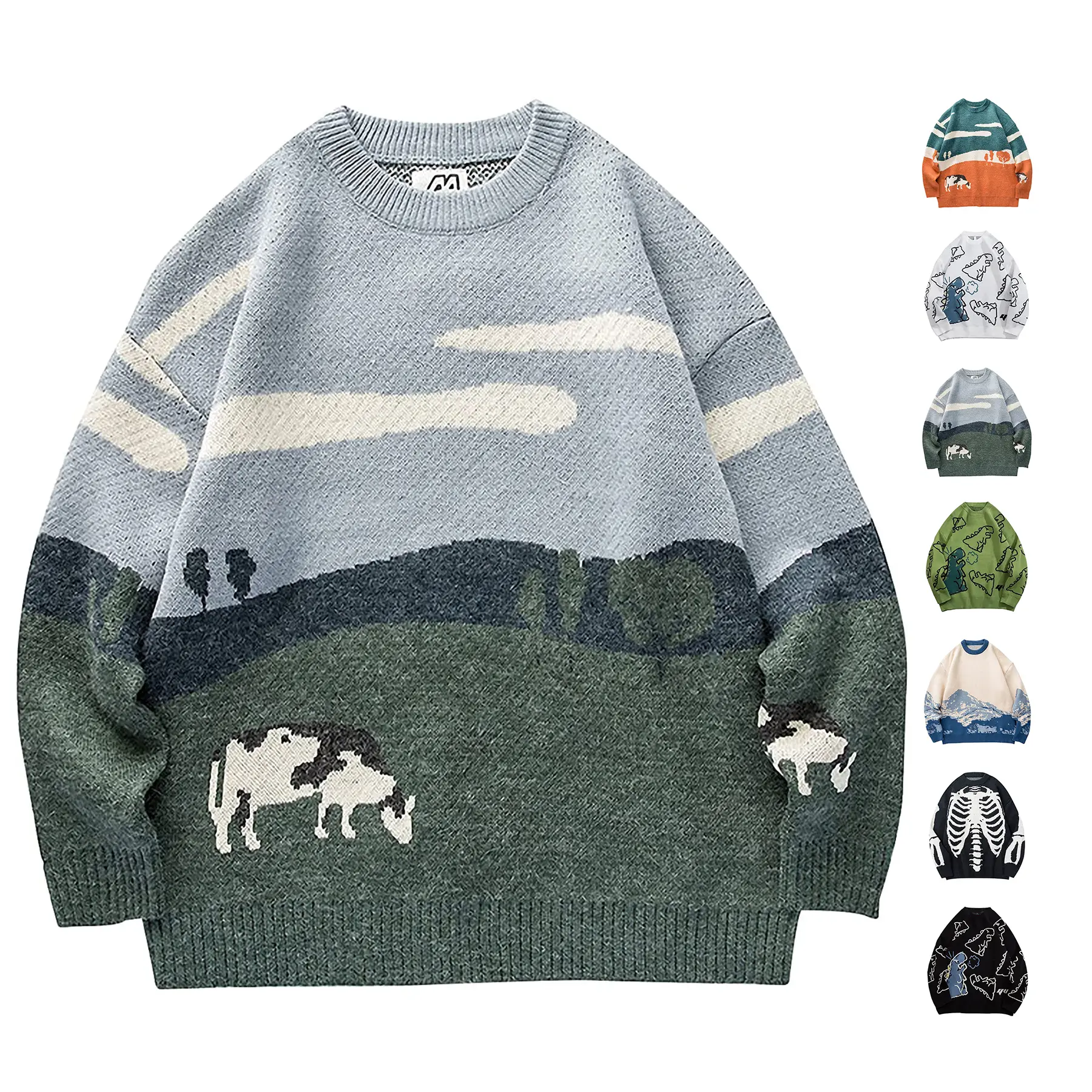 Arssm Oversized Graphic Sweater – Unisex Retro Cable Knit Pullover, Cute Casual Crewneck Jumper for Women & Men, Cozy Fall Winter Couple Top Knitwear Long Sleeve Vintage Breathable Soft Menswear Knitted Blue