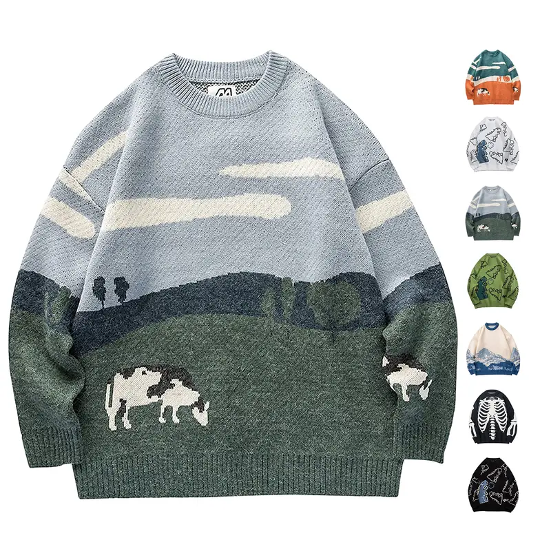 Arssm Oversized Graphic Sweater – Unisex Retro Cable Knit Pullover, Cute Casual Crewneck Jumper for Women & Men, Cozy Fall Winter Couple Top Knitwear Long Sleeve Vintage Breathable Soft Menswear Knitted Blue