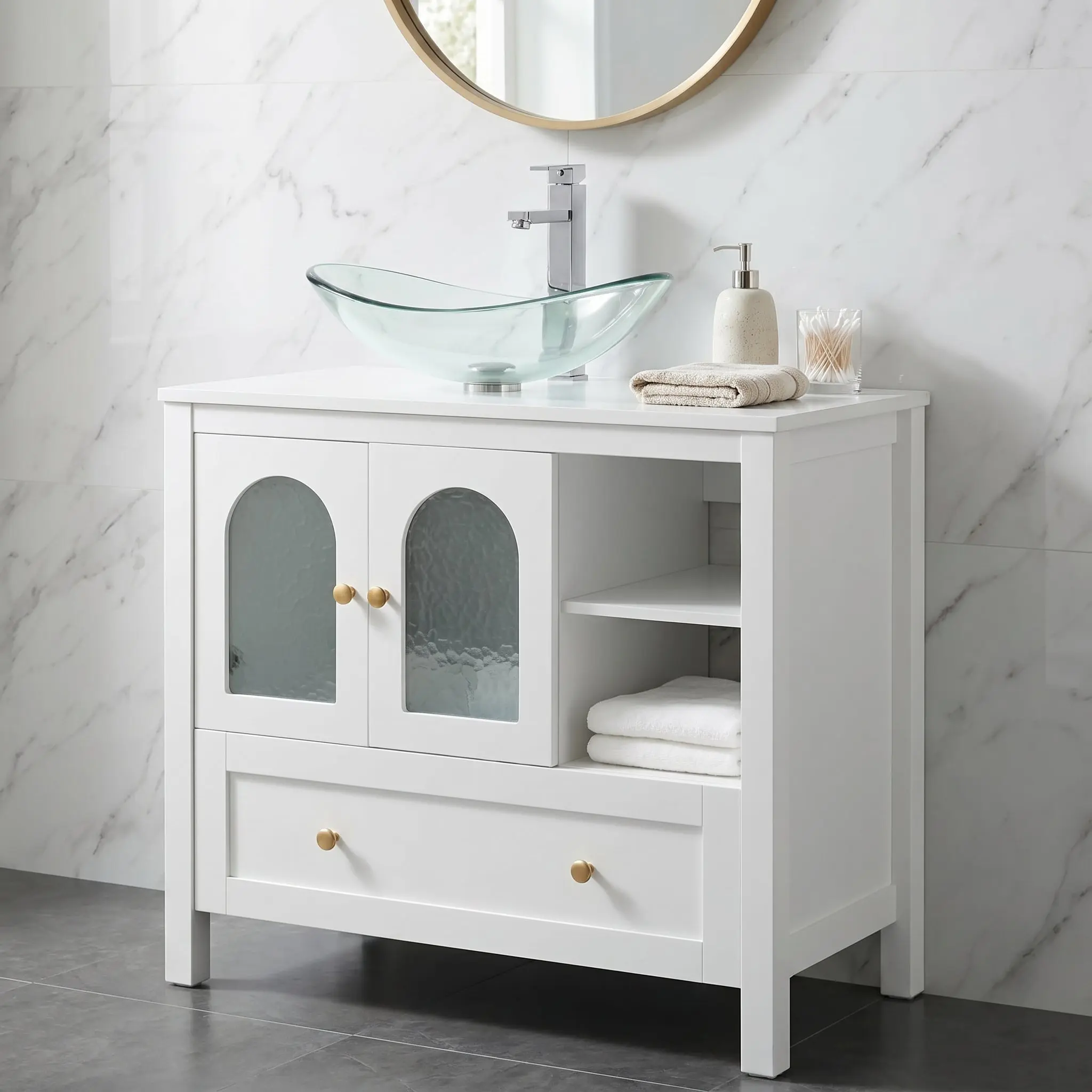 36'' Bathroom Vanity, White Freestanding Vanity Sink Cabinet with Drawer and Water Ripple BTC8008Doors, Modern Bathroom Storage Cabinet, withou sink, BTC8008