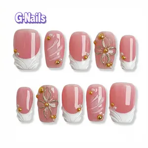 G-Nails A99 10pcs Handmade Press On Nails Reusable Short Square Nails with 3D Crystal Floral Design White French Tips Premium Craftsmanship