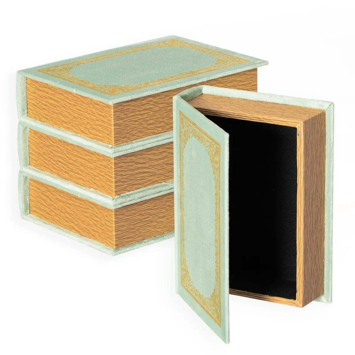 Vintiquewise QI003691.AG.4 4-Piece Antique Green Wooden Storage Boxes Set - Farmhouse Room Decor, End Table Organizer, Velvet-Lined Jewelry Safe, 7x2x9in Book Container, Anniversary Gift