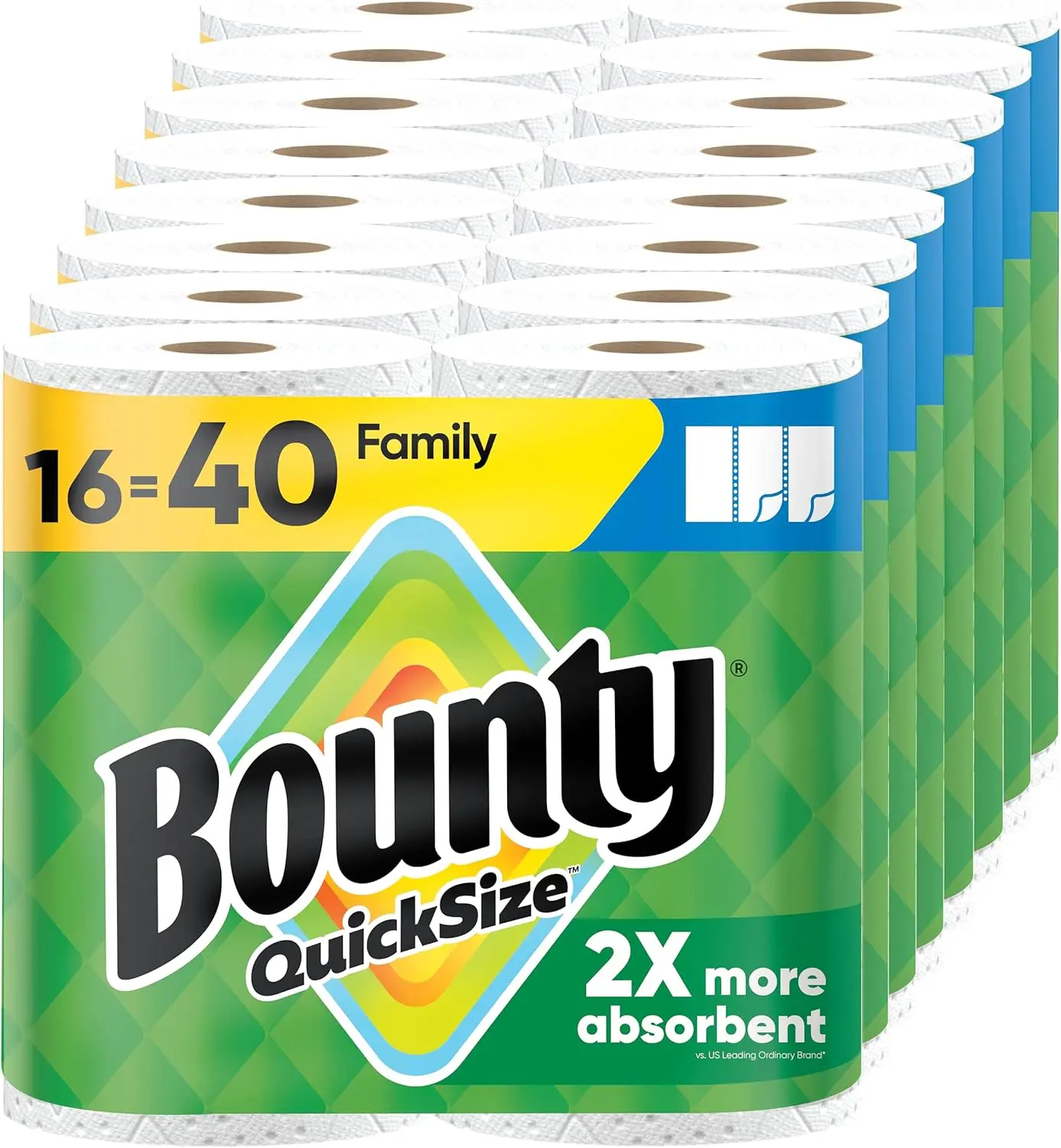 Bounty Kitchen Paper Towels - Quick Size, White, 16 Family Rolls Pack = 40 Regular Rolls, Disposable Wipes for Home Care