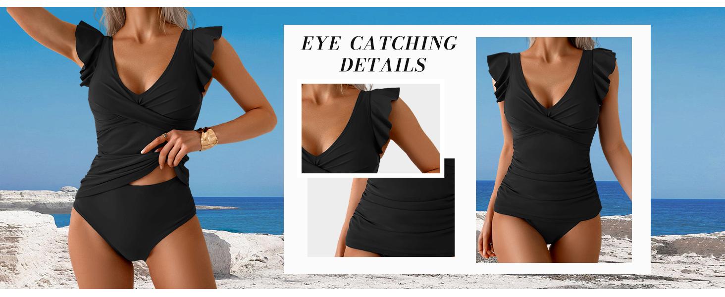 Aidonger Tankini Swimsuit for Women Tummy Control Two Piece Bathing Suit Ruched Ruffle Swimwear Top with Bottom