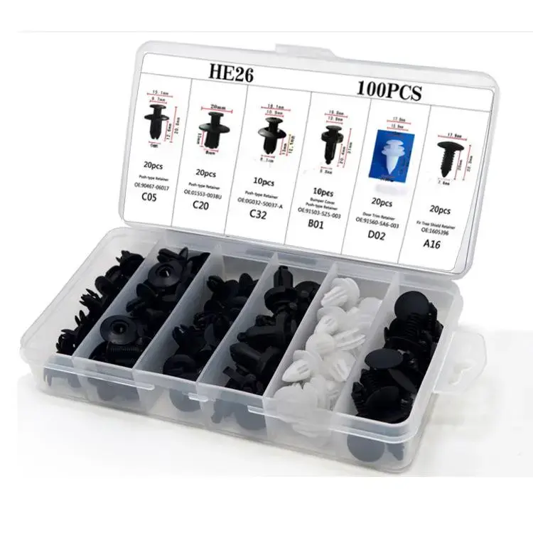 HE26 100-Piece Universal Automotive Expansion Screw Clip Set - c05-c32-a16, B01, D02 Fasteners for Mudguard, Fender, Door Panel Fixing, Clip Sets