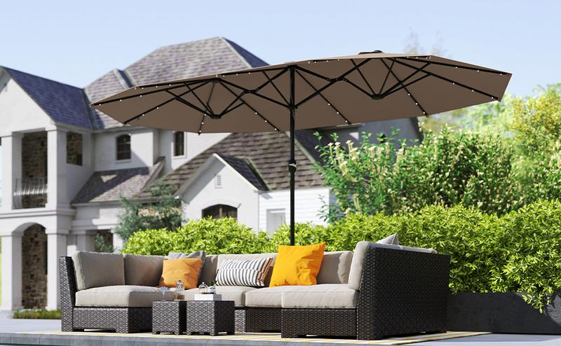 【With Base & LED Lights】Outsunny Extra Large Double-Sided Patio Umbrella, with 36 LED Lights, 14.4ft, with Base Included, for Backyard, Deck, Pool, Market