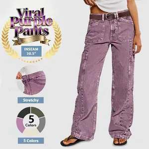 Flamingals Stitch Detail Mid Waist Straight Leg Cargo Pants Without Belt