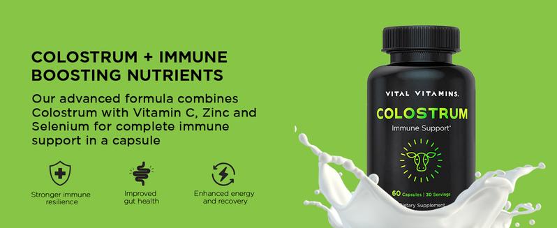 Colostrum Dietary Supplement | Immune Boost with Vitamin C, Zinc & Selenium | Grass-Fed Bovine Colostrum, Standardized 10% IgG Immunoglobulins | Gut, Recovery & Wellness Support | 60 Capsules